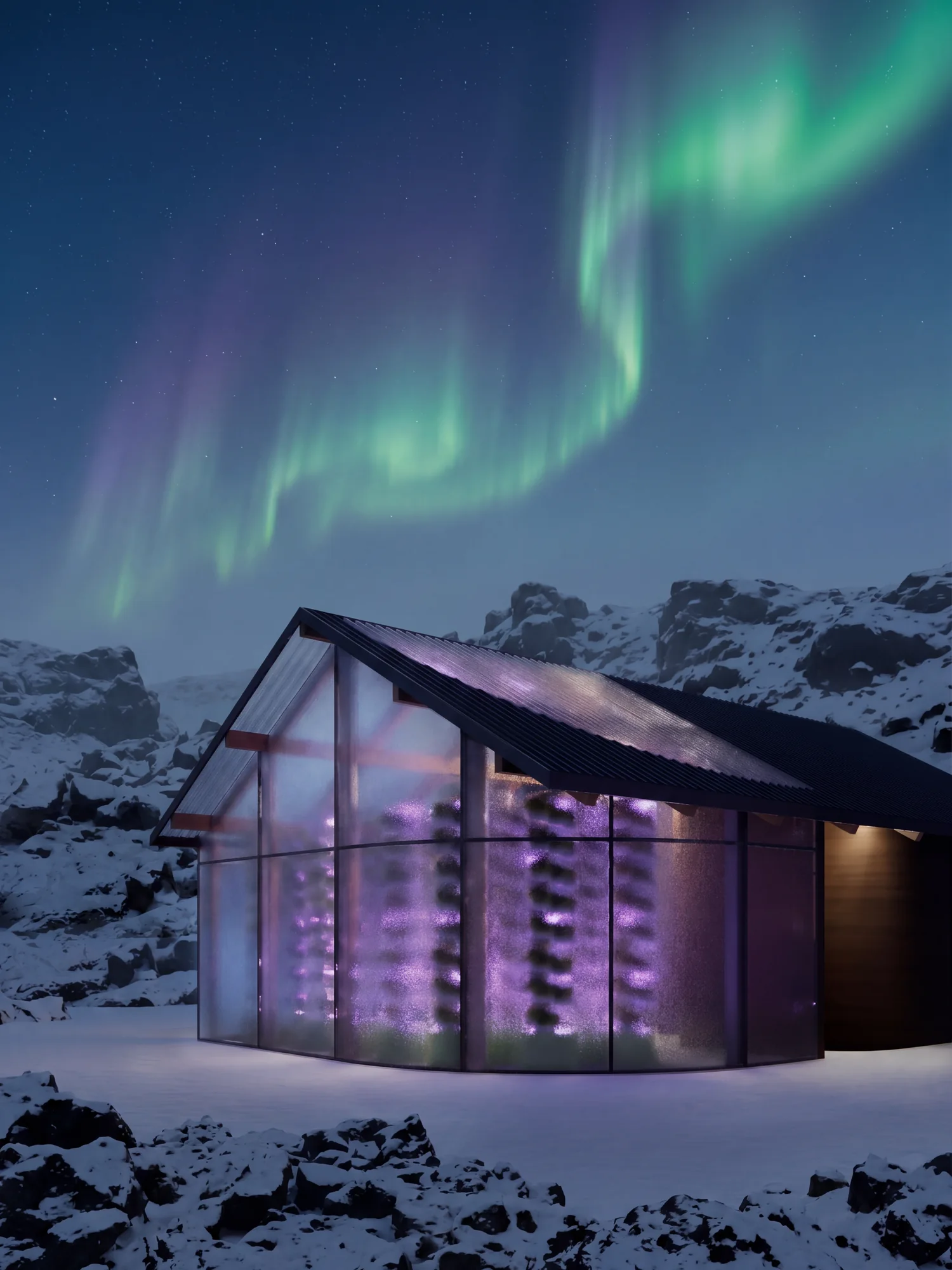 Translucent greenhouse and sauna in snow beneath green northern lights.