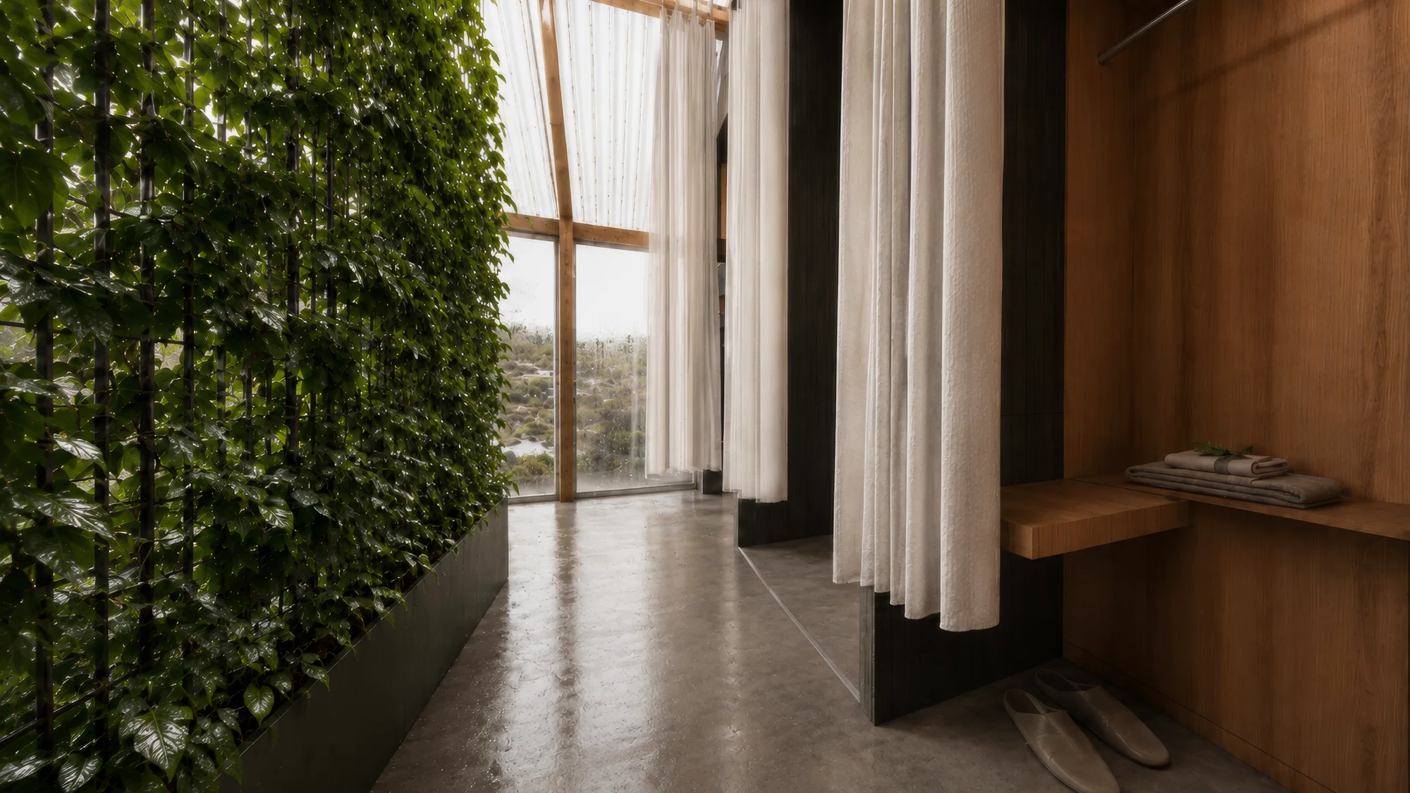 Timber changing space with benches, soft curtains and a planted wall.
