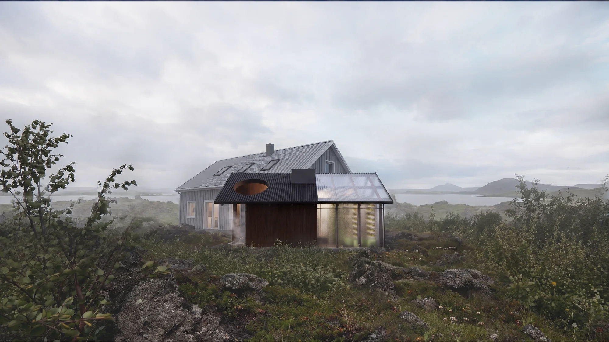 Sauna and curved translucent greenhouse in a misty, rocky Icelandic landscape.