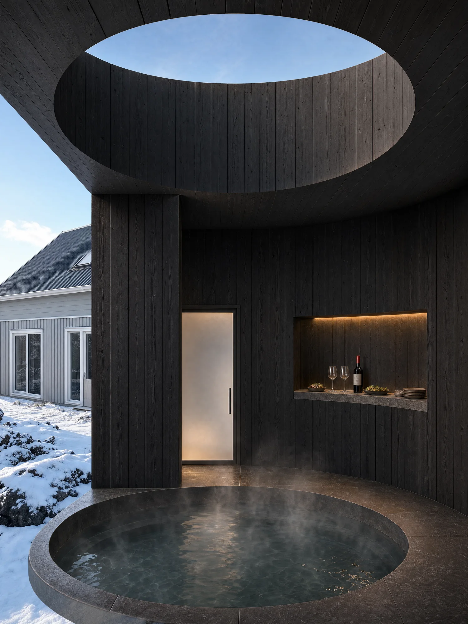 Round pool within a dark curved courtyard with a circular opening to the sky.