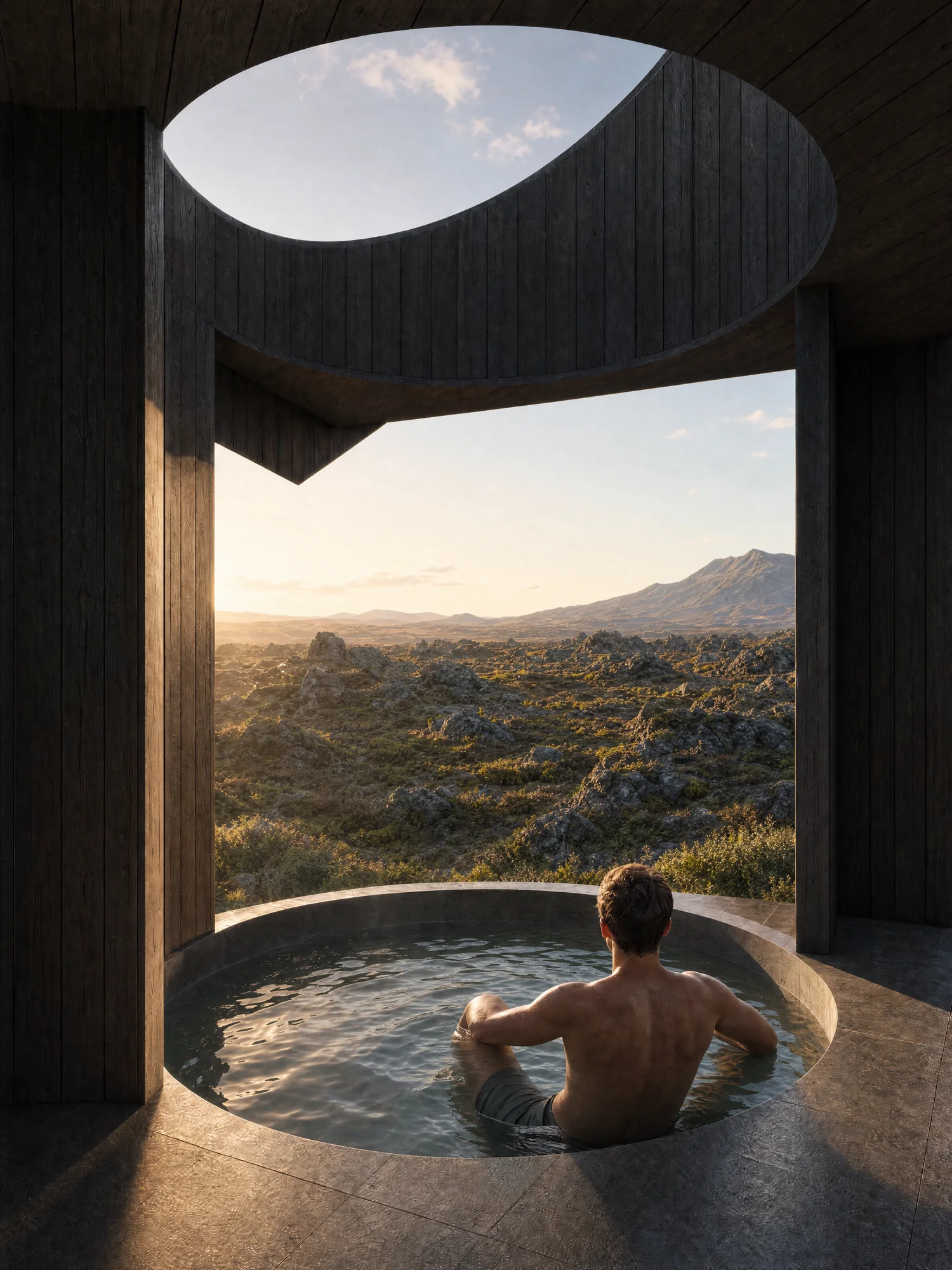Circular bathing pool beneath an open roof facing the surrounding landscape.