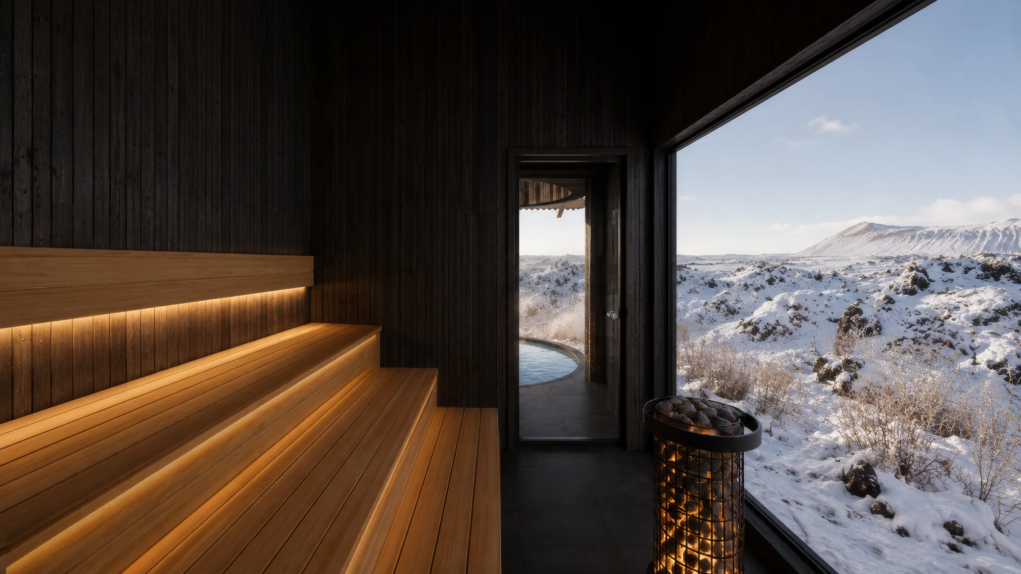Warm timber sauna benches facing a full-height view of a snowy landscape.