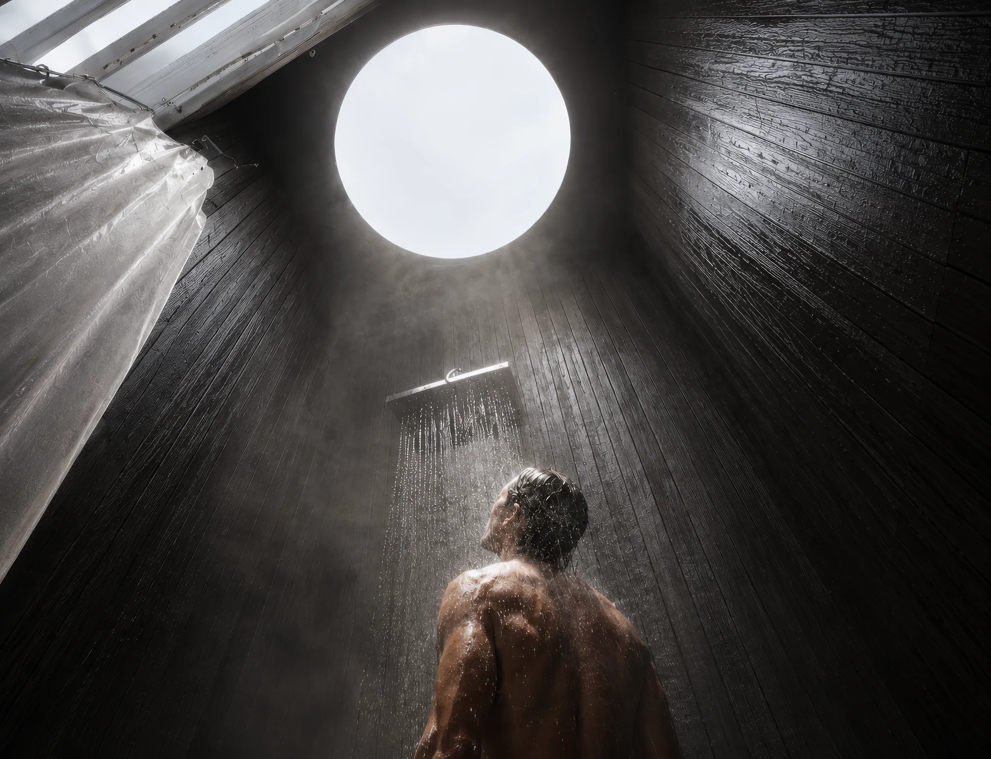 Daylight from a circular roof opening illuminating water in a dark shower space.