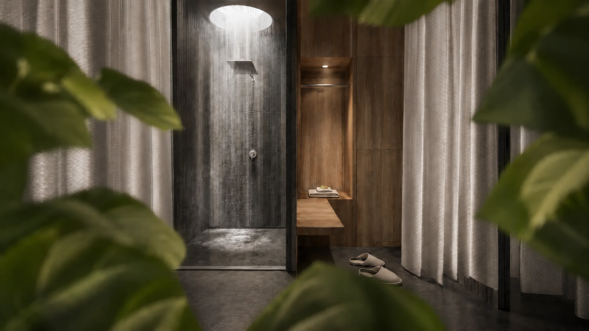 Timber-lined passage and planting leading toward a dark shower enclosure.