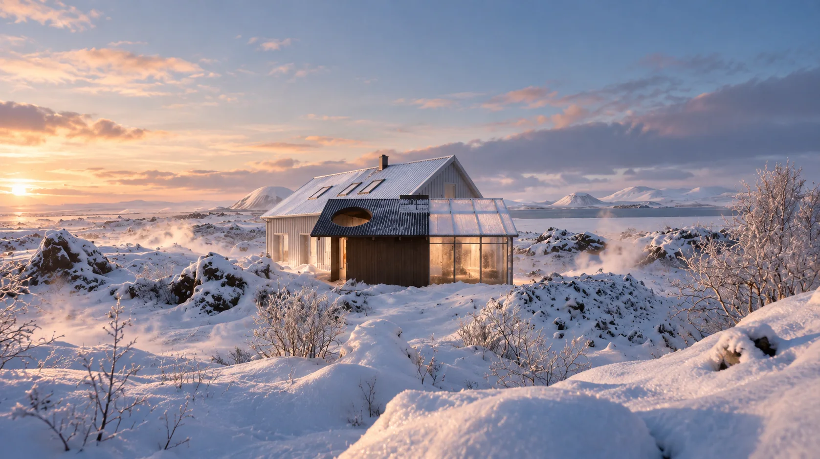 Sauna and translucent greenhouse glowing in a snowy landscape at sunset.