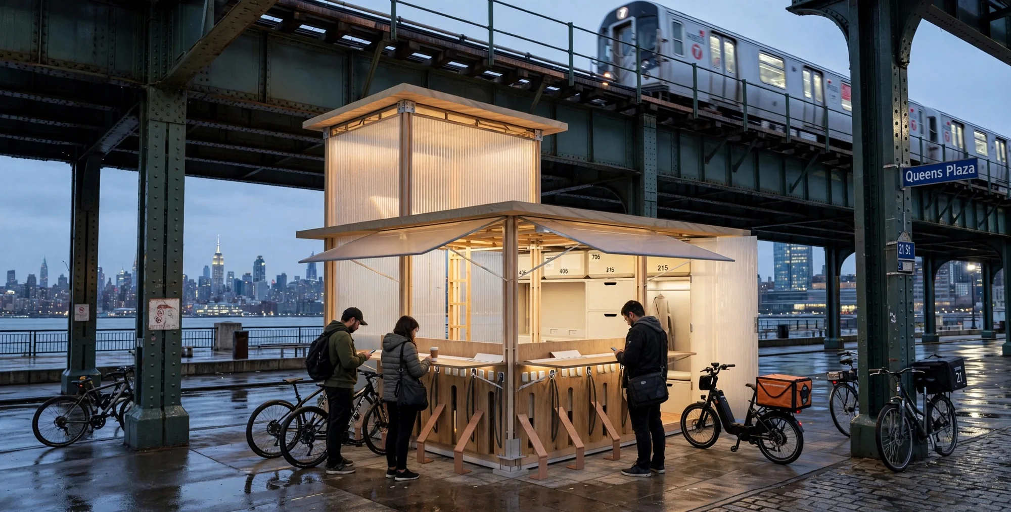 Timber rest station glowing beneath an elevated railway, with riders, bicycles and a city skyline.