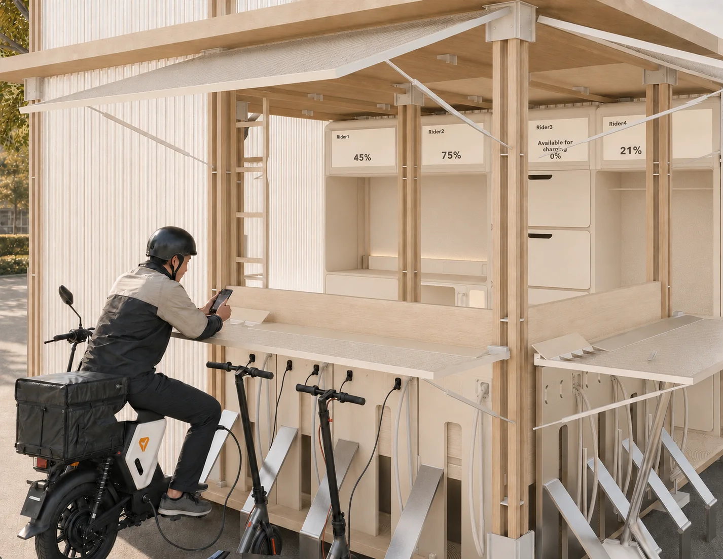 Rider using a timber counter with bicycle parking and lockers beside a translucent wall.