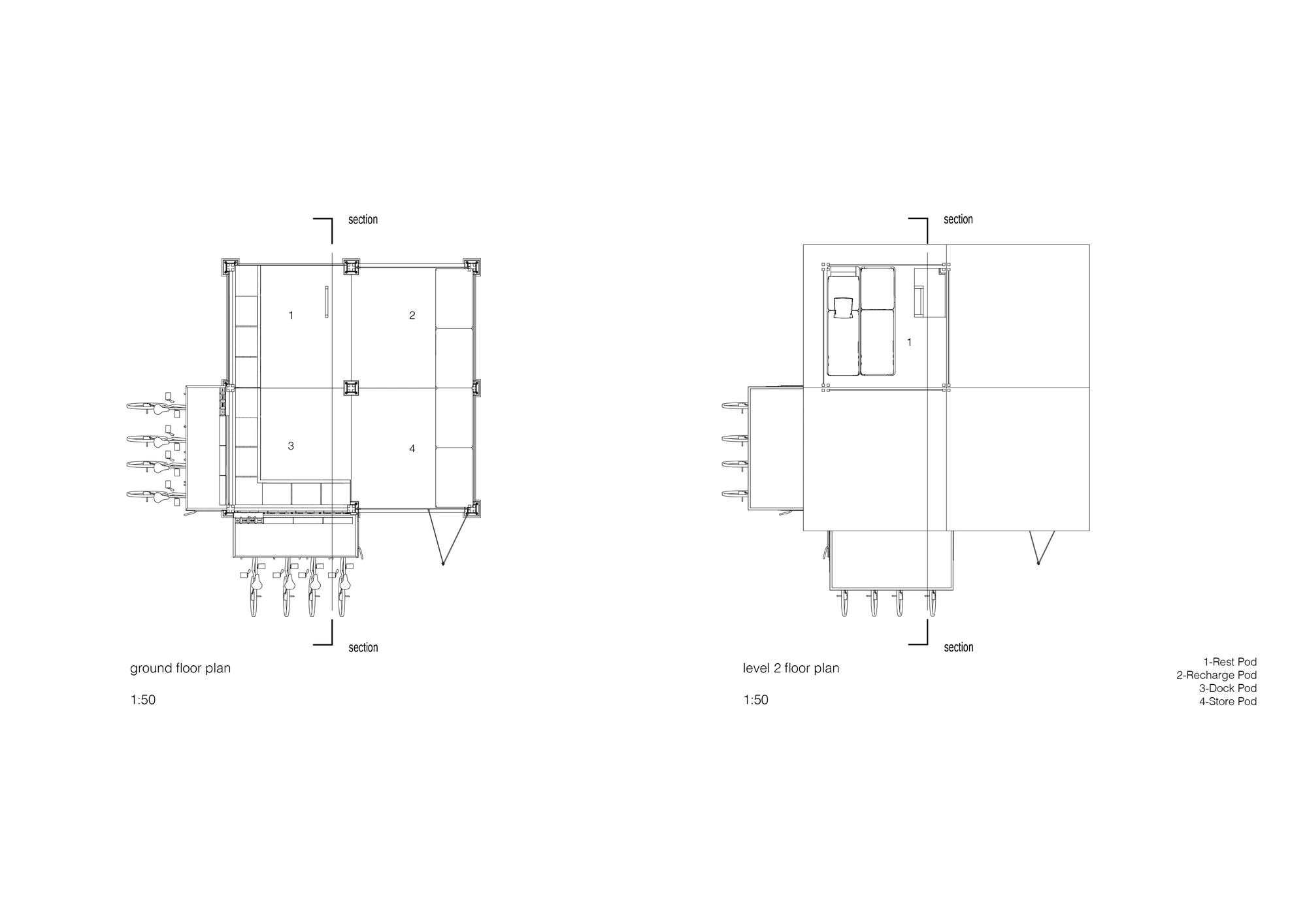 Ground and upper floor plans of the compact rider station and its access points.