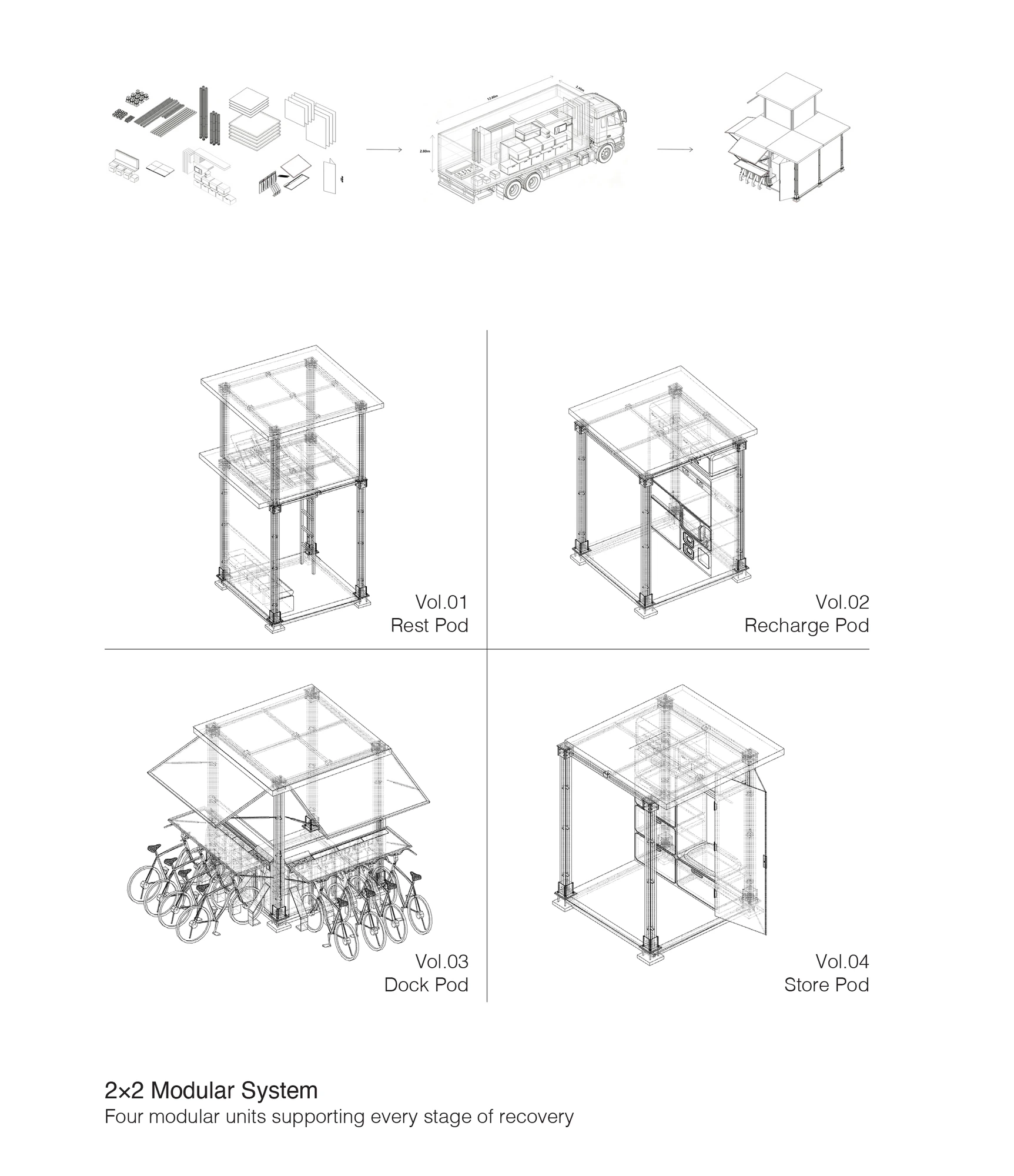 Axonometric diagrams of four modular units for rest, recharge, docking and storage.