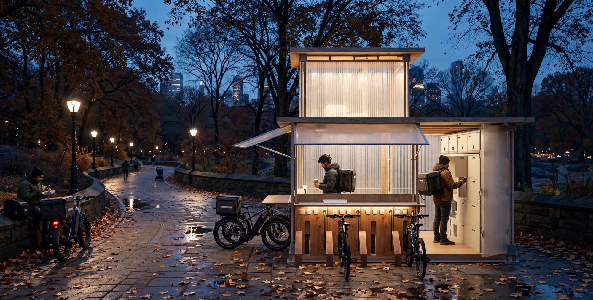 Illuminated timber rider station beside a tree-lined path at dusk.
