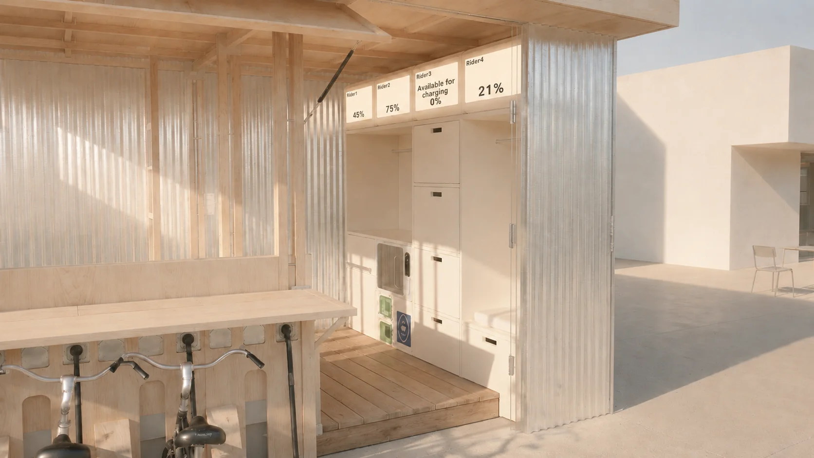 Timber counter with stools beside lockers and translucent wall panels.