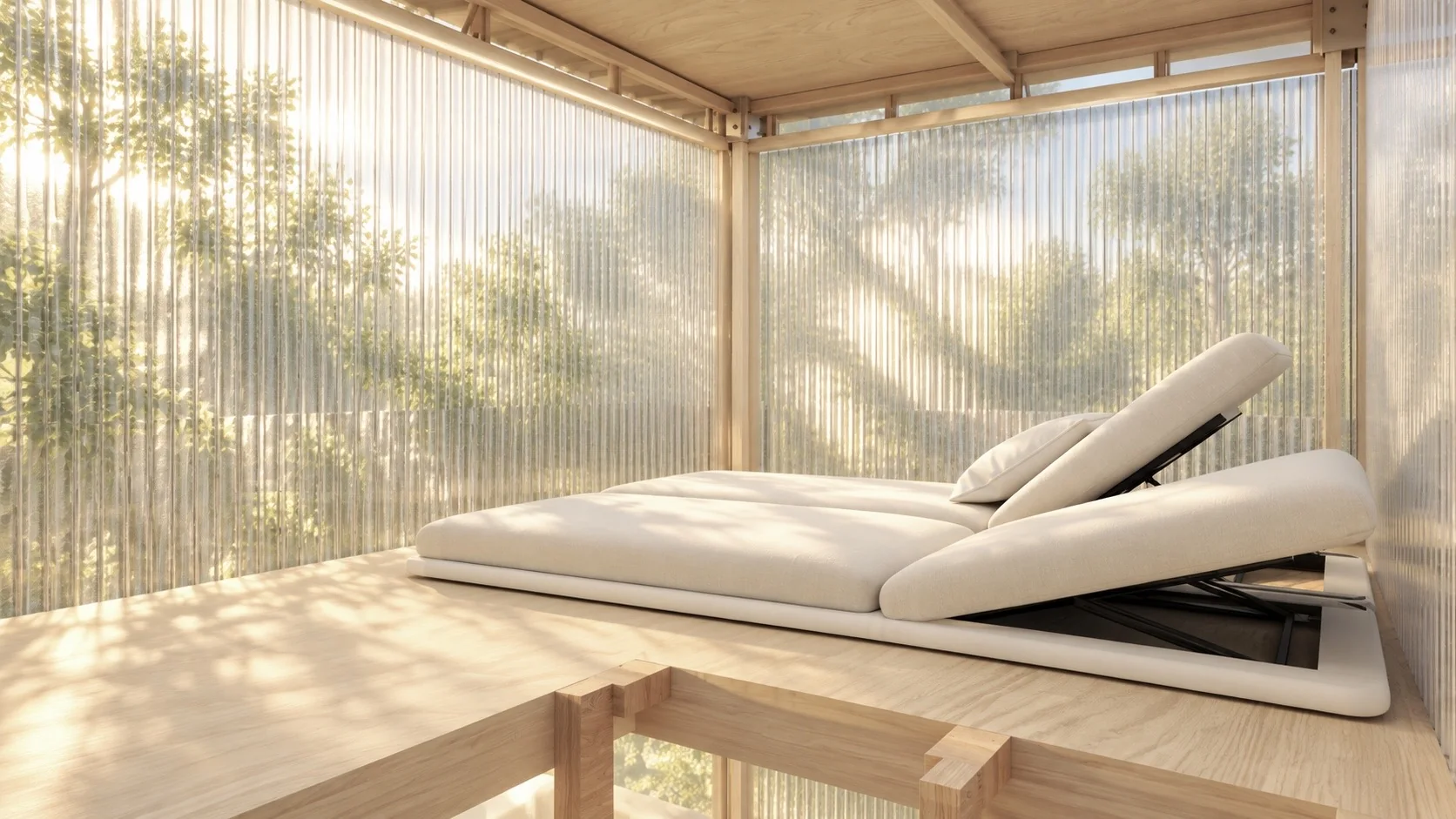A reclining rest bed in a small timber room with a softly lit translucent wall.