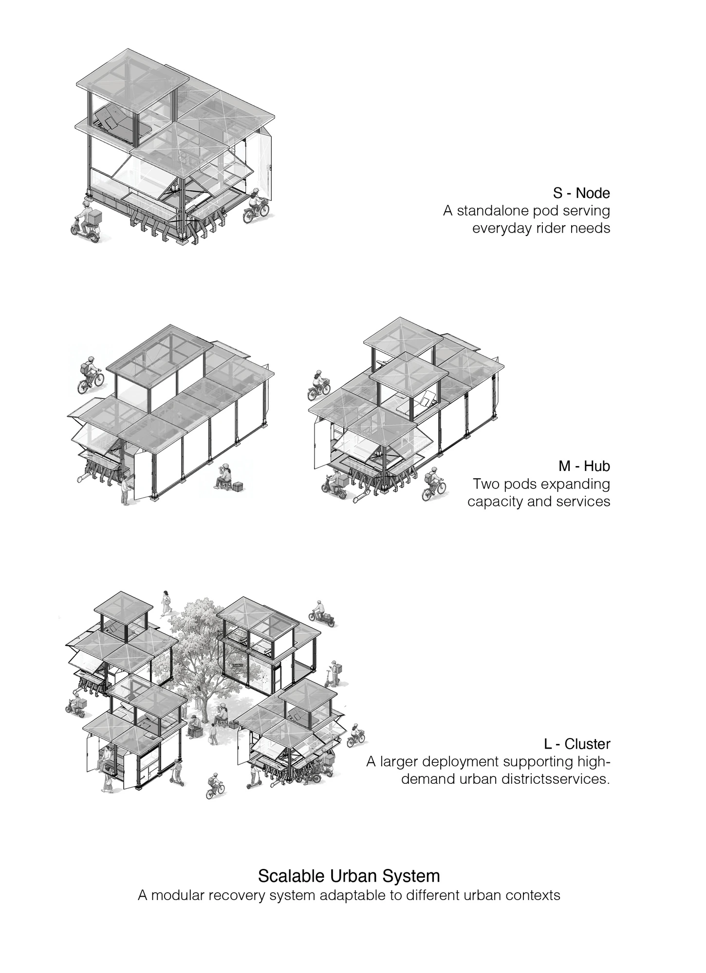 Axonometric diagrams showing the modular station arranged as a node, hub and cluster.