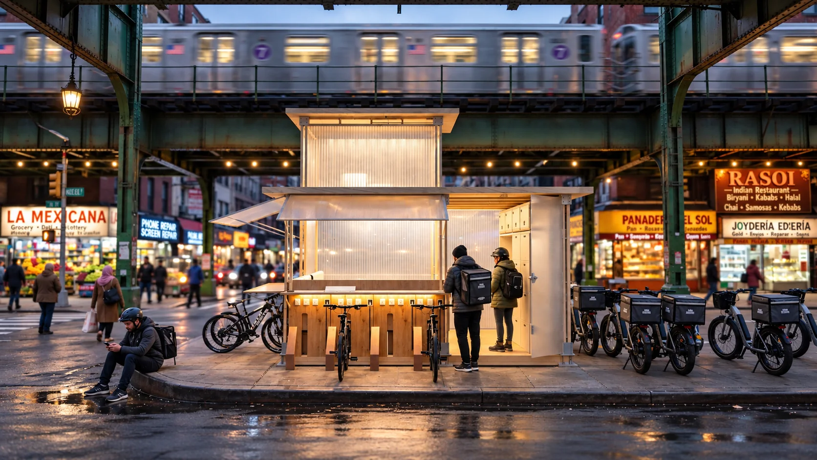 Compact timber rider station on a busy street beneath an elevated train line at dusk.