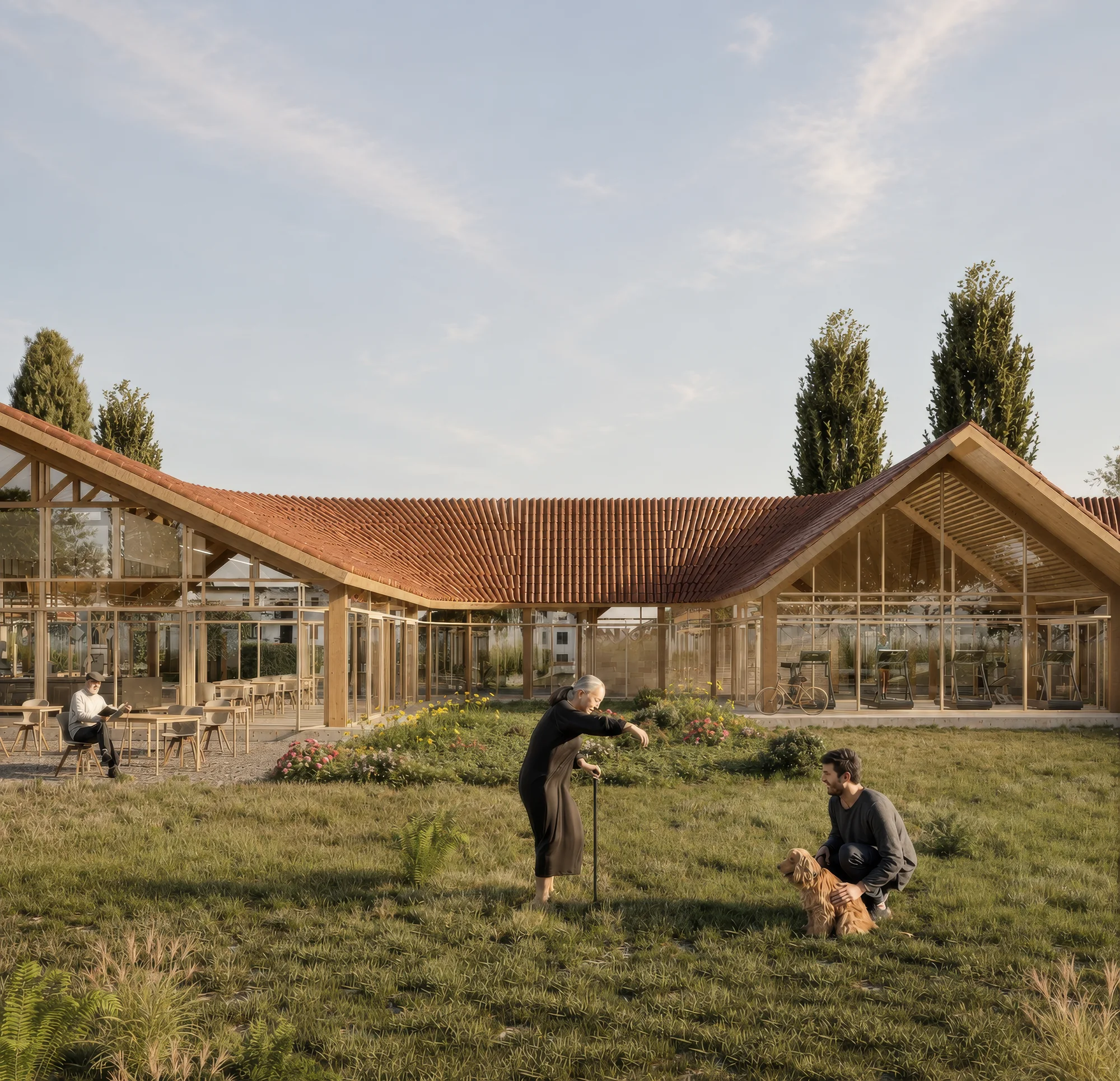 People spending time on the lawn beside low timber buildings with curved roofs.