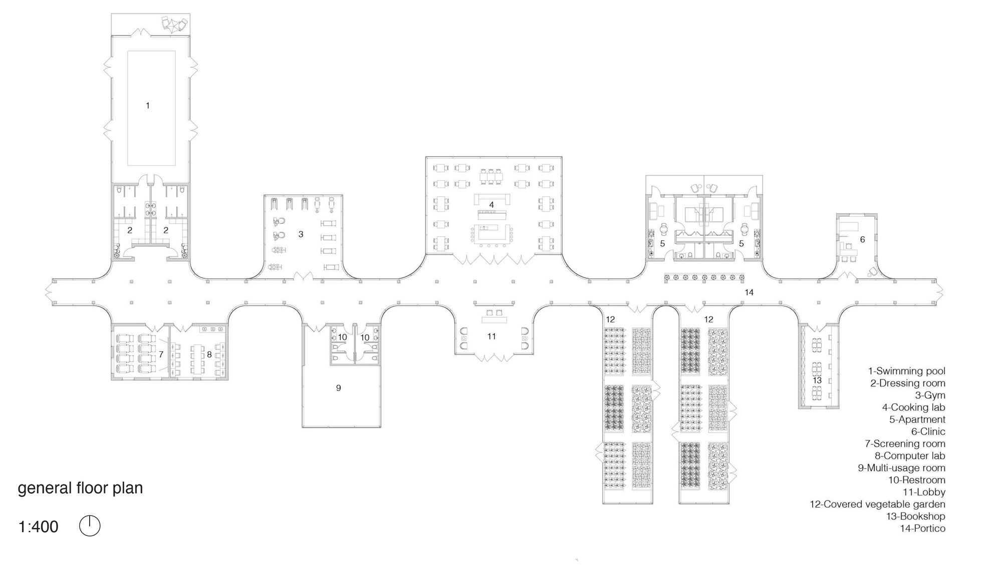 General floor plan of rooms and shared facilities arranged along a central corridor.