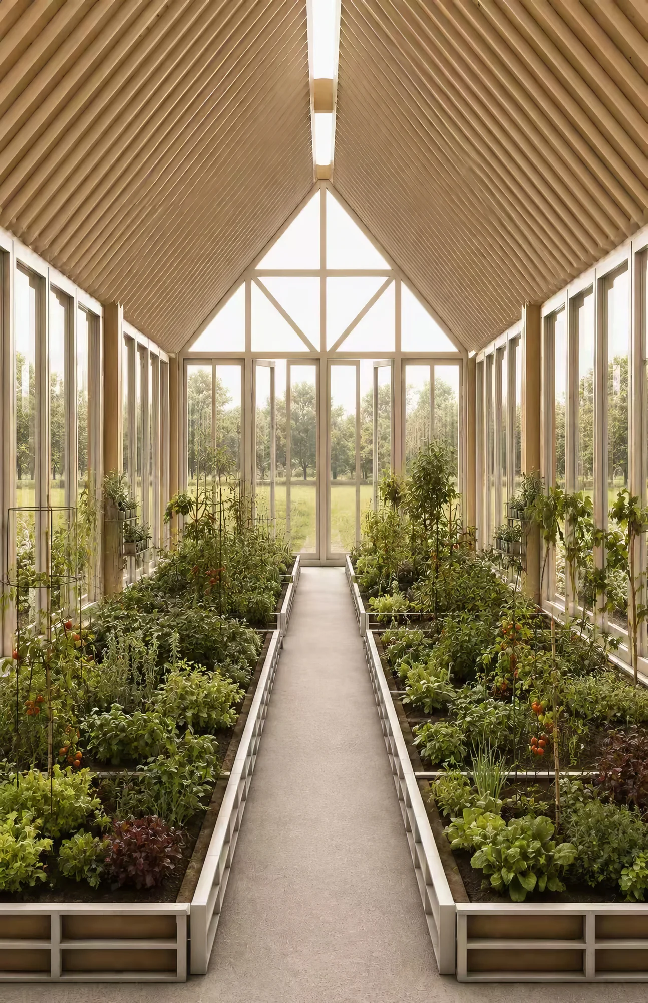 Accessible path through planting beds inside a sunlit timber greenhouse.
