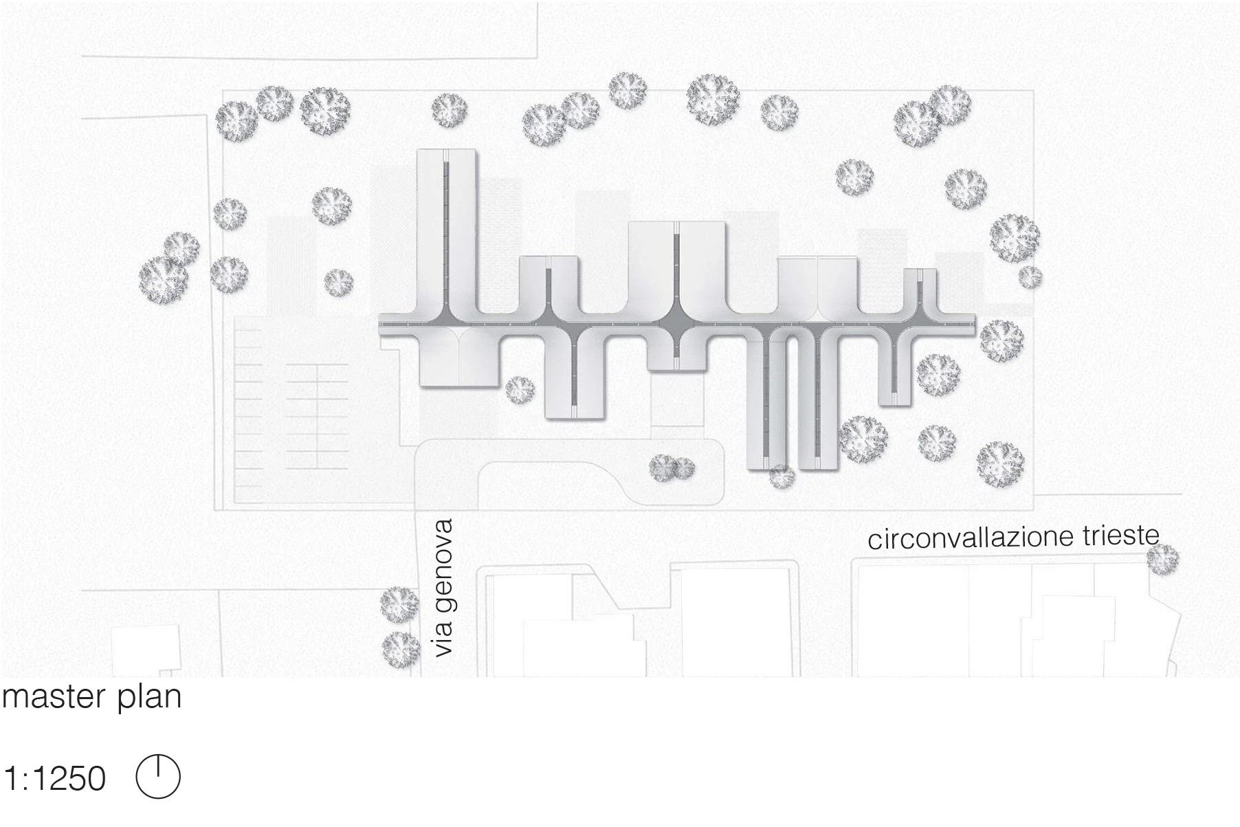 Master plan showing gardens and linked buildings along a central community walkway.