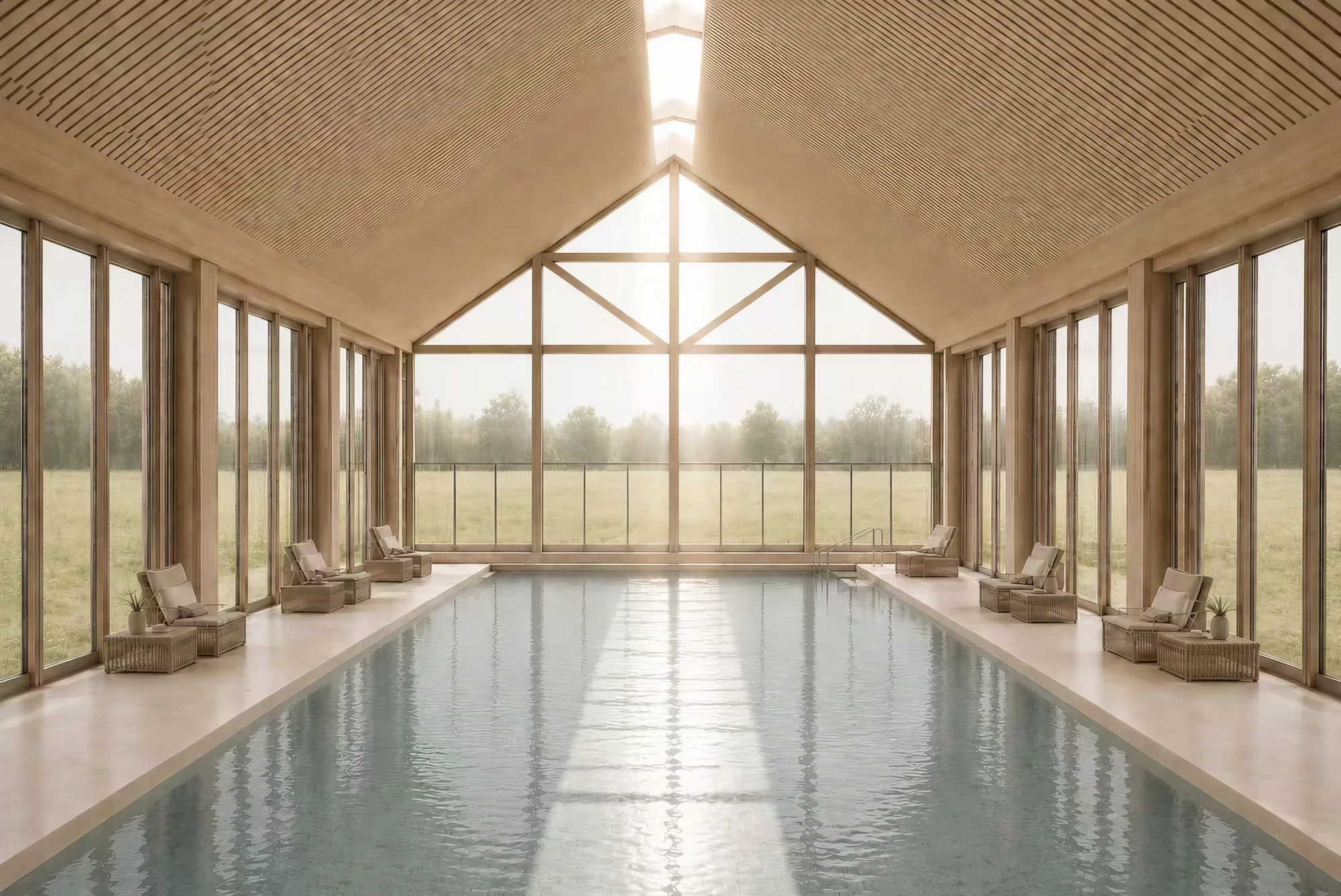 Indoor pool beneath a timber pitched roof with full-height windows to the landscape.