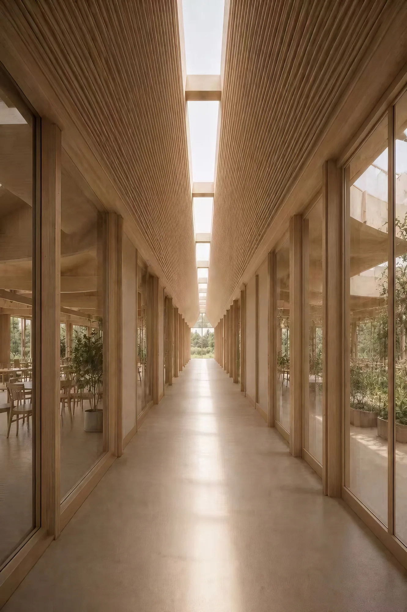 Long timber corridor with skylights connecting rooms and shared spaces.