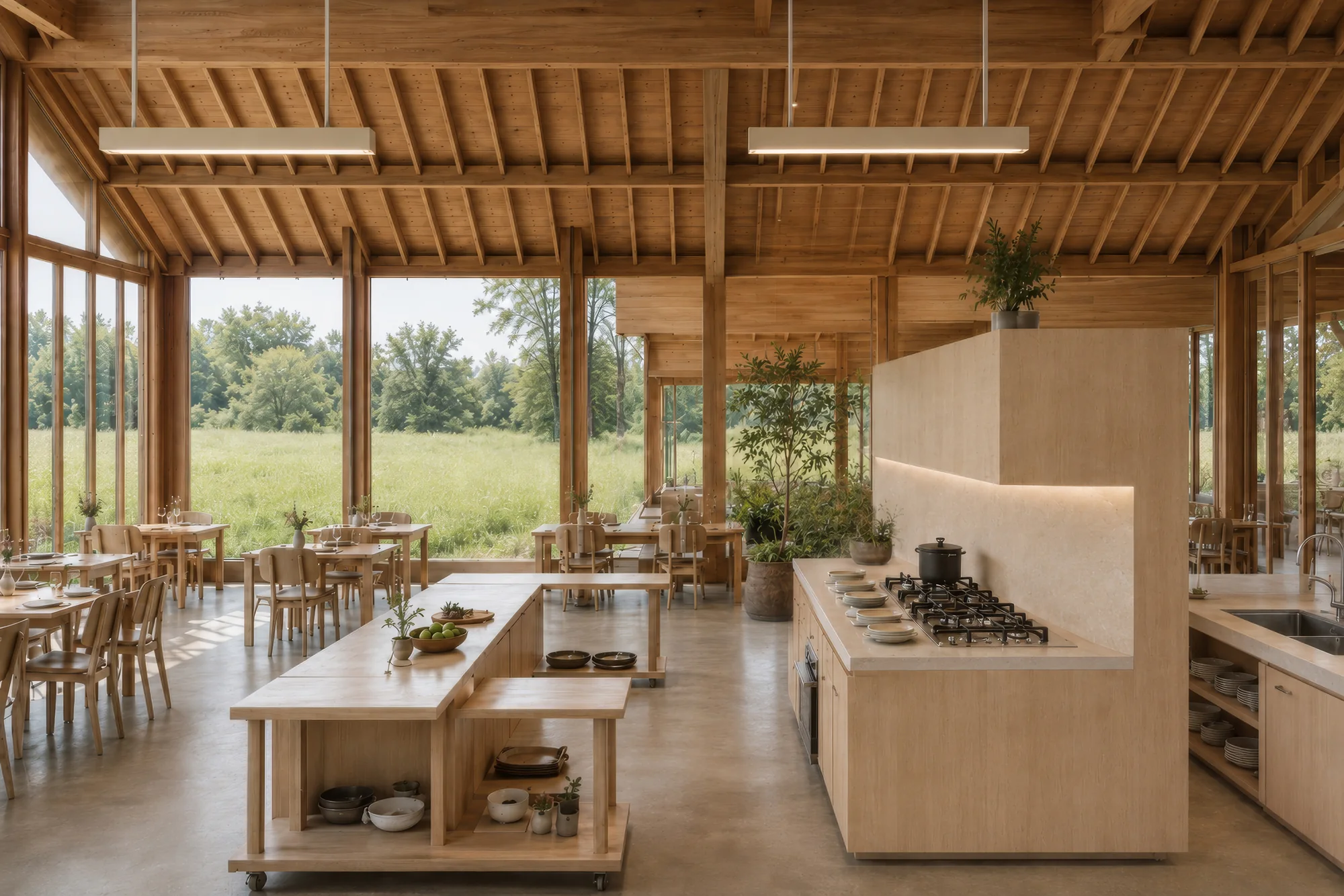 Shared kitchen and dining tables beneath an exposed timber roof facing the garden.